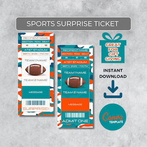 Sofort bearbeitbares Fußballticket | Miami Colors Spieltag Geschenk | Überraschungssport Stub für Fans | Printable - Personalisiertes Geschenk |