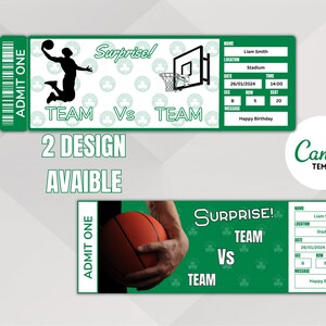 Peut inclure: Modèle de billet de basket-ball imprimable vert et blanc avec le texte "Surprise ! Équipe contre Équipe" et "Admettre un". Le billet comporte un espace pour le nom, le lieu, la date, l’heure, la section, la rangée et le numéro de siège. La zone de message indique "Joyeux anniversaire".