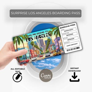 Los Angeles Trip Gift Ticket – Surprise Boarding Pass – Editable Travel Voucher – Instant Download – Printable for Birthday or Vacation