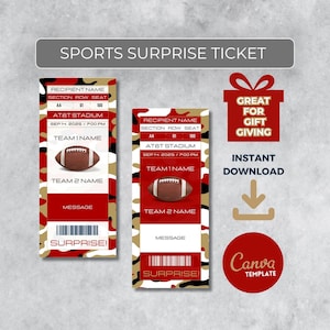 Può includere: Due biglietti a sorpresa a tema football con un motivo mimetico rosso, beige e nero. I biglietti includono campi per il nome del destinatario, lo stadio, la data e i nomi delle squadre. È presente anche il testo "Sports Surprise Ticket".