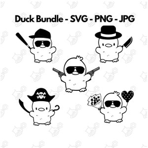 May include: A set of five black and white digital illustrations of cartoon ducks wearing different accessories. The ducks are wearing a baseball cap, a pirate hat, sunglasses, a fedora, and a heart-shaped balloon.