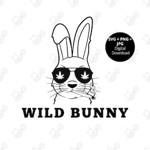 May include: Black and white illustration of a rabbit wearing sunglasses and smoking a cigarette. The text "WILD BUNNY" is below the rabbit.