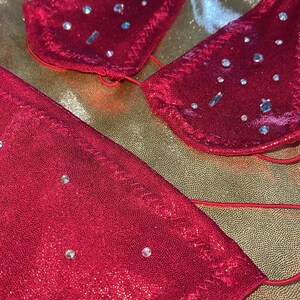 Peut inclure: Un ensemble de bikini rouge orn&eacute; de paillettes. Le haut pr&eacute;sente des bonnets triangulaires avec des liens, et le bas est assorti. Le tissu a une texture chatoyante, et le fond est une surface dor&eacute;e textur&eacute;e.
