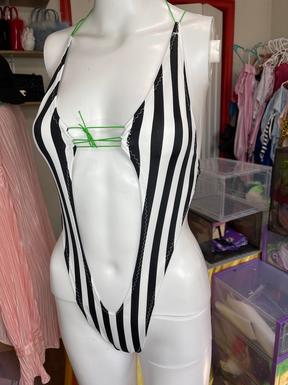 Beetle Juice Cut Out One Piece Stripper Outfit Halloween  Exotic Dancewear festival Outfit