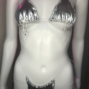 Rhinestones Metallic Bikini Stripper Outfits Exotic Dancewear