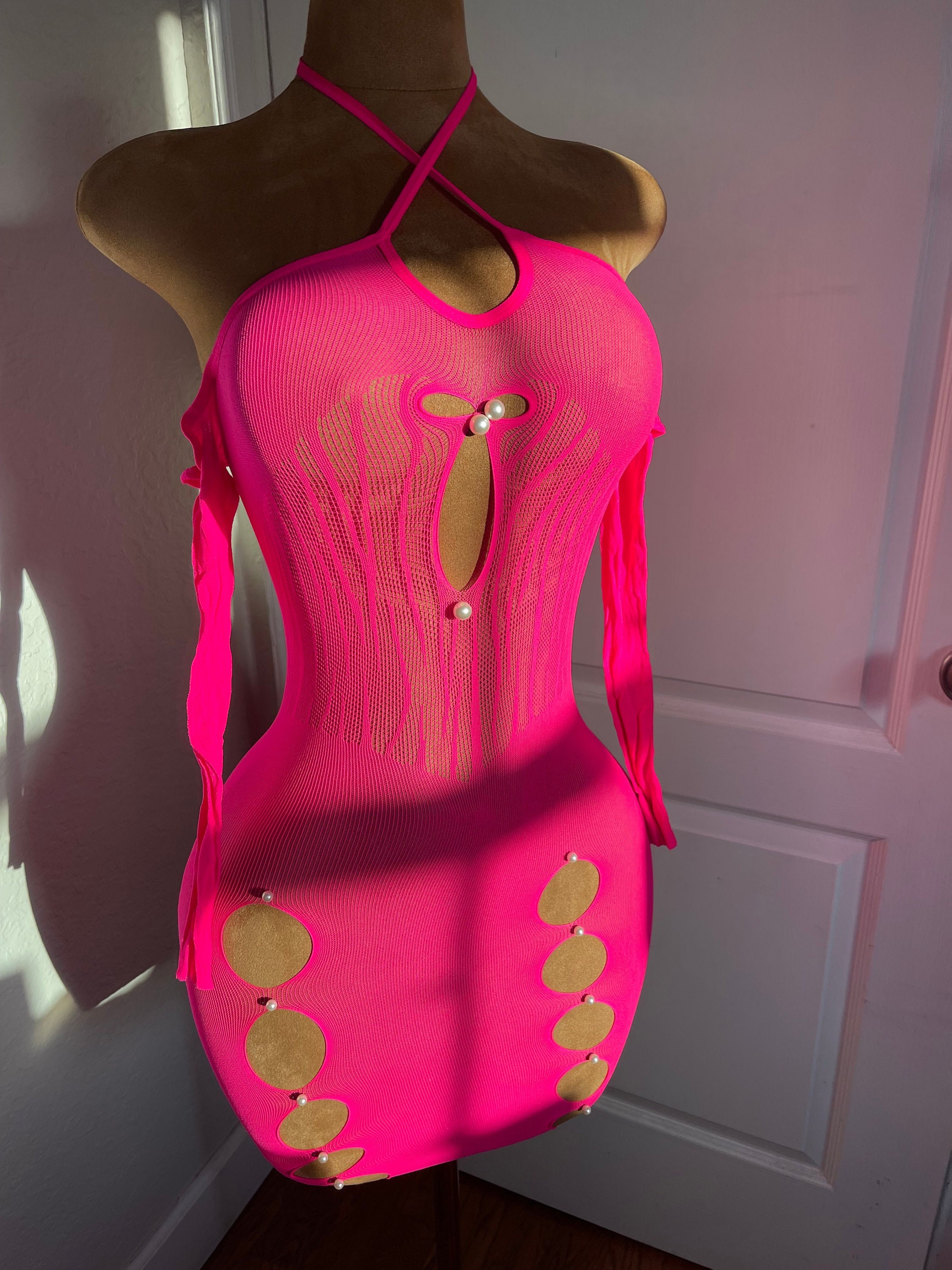 hot pink fishnet dress Neon Exotic Dancewear | One Piece Stripper Outfit kelly grren light blue