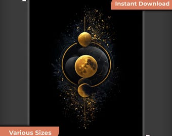 Celestial Moon Phases Wall Art Digital Download | Gold and Black Abstract Cosmic Lunar
