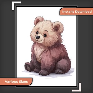 Könnte beinhalten: Digitale Illustration eines sitzenden braunen Bärenjungen mit hellbraunem Gesicht und Ohren. Der Bär hat einen freundlichen Ausdruck vor einem weißen Hintergrund. Die Worte "Sofort-Download" und "Verschiedene Größen" sind sichtbar.