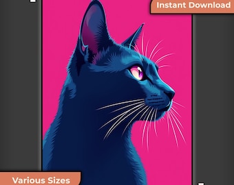 Modern Cat Wall Art: Neon Pop Animal Print (Instant Download)