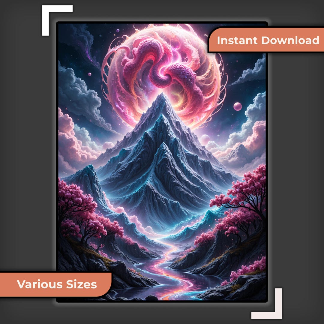 Fantasy Mountain Landscape Wall Art: Cosmic Sky and Cherry Blossoms ...