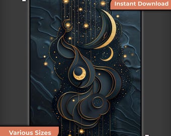 Golden Moon and Stars Print: Navy Celestial Wall Art
