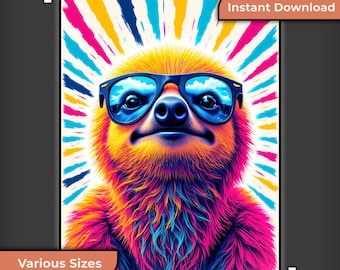 Colorful Sloth Wall Art: Funny Animal Digital Print (Instant Download)