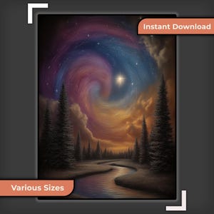 May include: A digital art print depicting a swirling galaxy with a bright star at its center. The artwork features a river flowing through a forest of tall pine trees. The words "Instant Download" and "Various Sizes" are displayed.