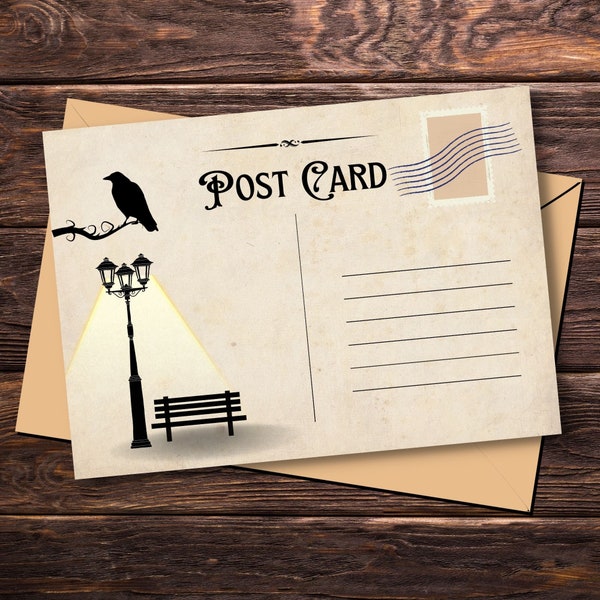 Printable Vintage Carte Postale Instant Download. Flat Post Card. Night-Theme Greeting Card