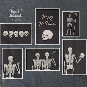 Halloween decor, Skeleton wall art, Skeleton print, Set of 6 prints, Halloween printable, Halloween print, digital download