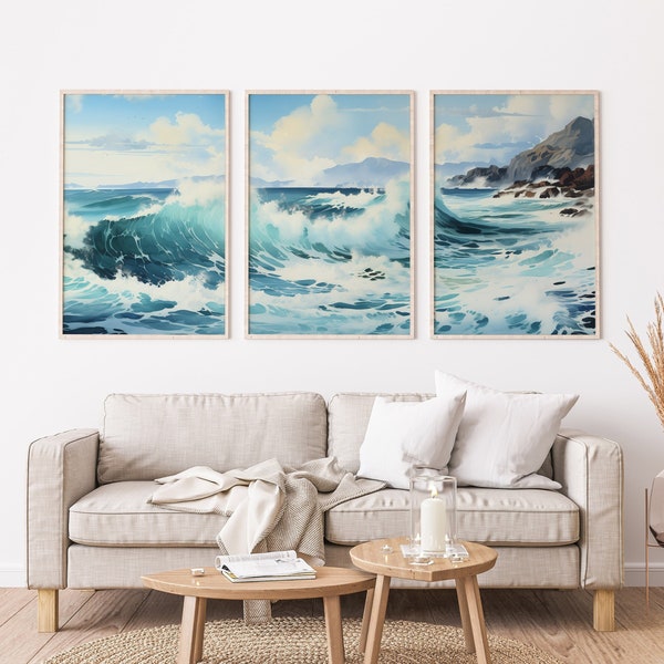 Modern Ocean Wave 3 Piece Wall Art Set, Blue Turquoise Sea Panorama, Minimalistic Print, Watercolor Sea Maritime Decor, Printable Wall Art