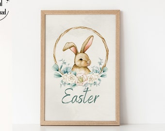 Vintage Oster Wandbild oder Grußkarte, Osterhasen Poster, Frühlingsdeko, Hasen Kranz Blüten Druck, Wasserfarbe (Druckbarer Sofort-Download!)