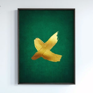 Smaragdgrün Gold Wandkunst, Minimalistisches Pinselstrich Wandbild, Dunkelgrünes Poster, grüner Hintergrund, Druckbarer Sofort-Download