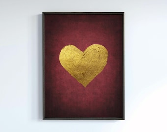 Red and Gold Wall Art, Minimalistic Golden Heart, Abstract Art, Red Wall Decor, printable Poster, instant digital download