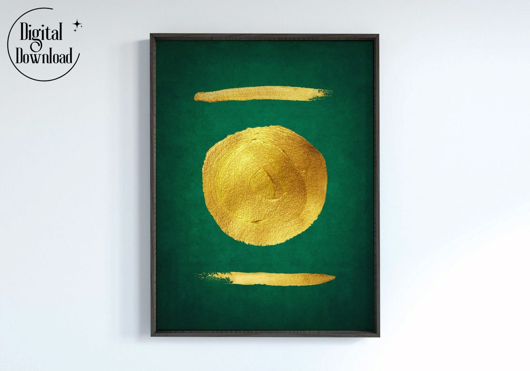 Emerald Green Gold Wall Art, Minimalistic Gold Lines Circle, Abstract