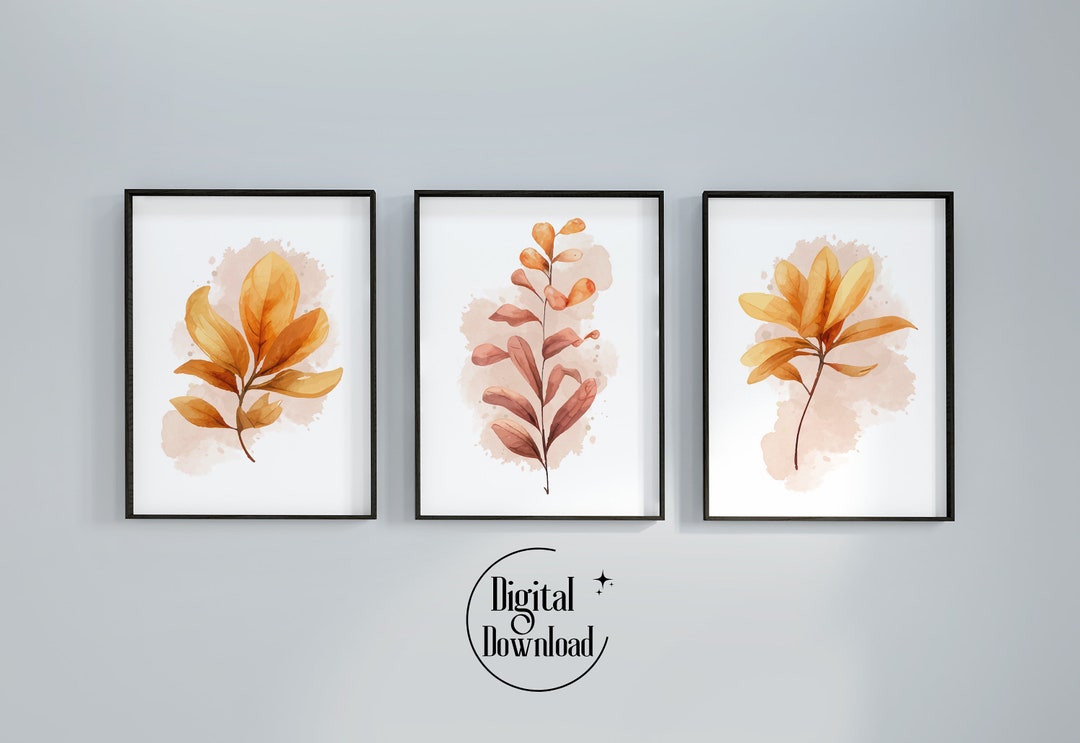 Minimalistic Autumn Gallery Wall Art Set of 3, Orange Leaves Art ...