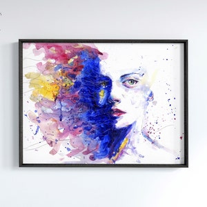 Modern art, watercolor painting art, woman girl face, blue red, printable wall art, instant digital download