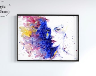 Modern art, watercolor painting art, woman girl face, blue red, printable wall art, instant digital download