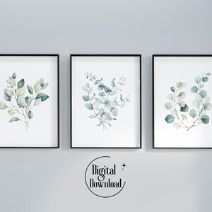 Eucalyptus plants botanical print, set of 3, white background, Watercolor bedroom decor, printable wall art, instant digital download