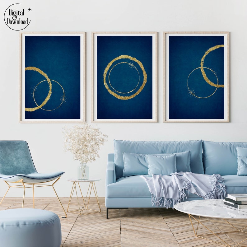 Indigo Blue Gold Wall Art, Minimalistic Abstract Art, Dark Blue Wall