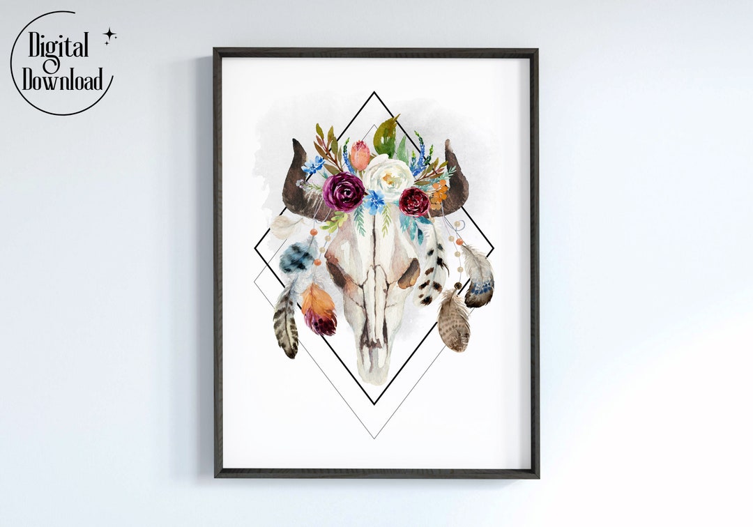 Boho Cow Skull With Feathers Flower Bouquet and Geometric Shapes ...