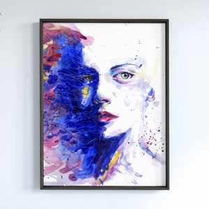 Modern art, watercolor painting art, woman girl face, blue red, printable wall art, instant digital download