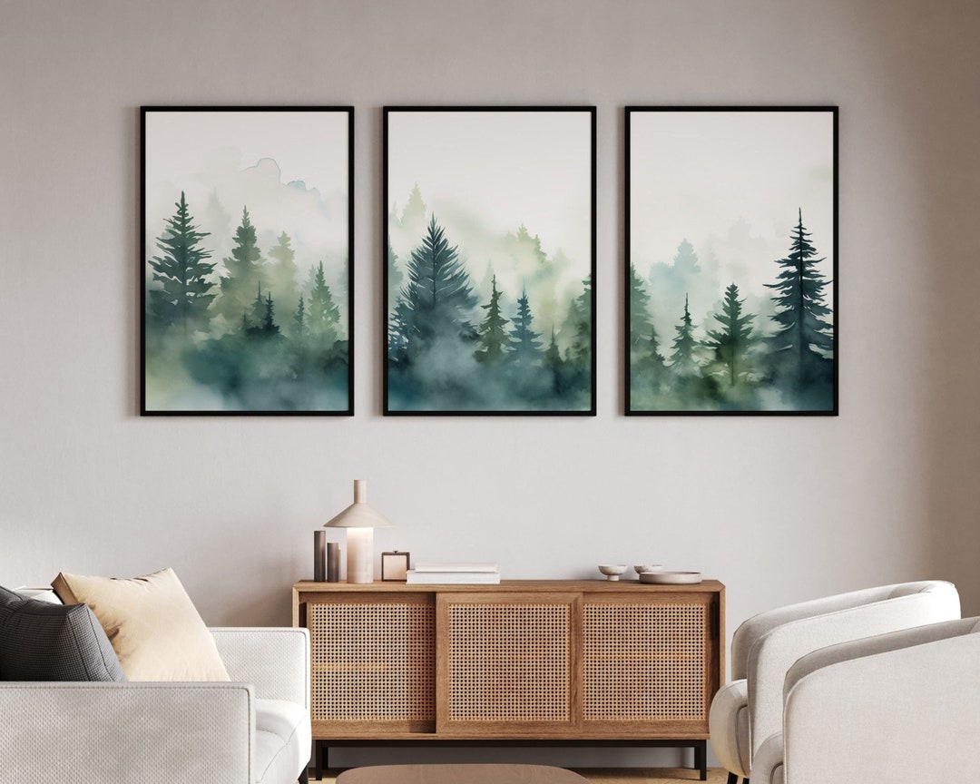 Modern Fir Forest 3 Piece Wall Art Set, Sage Green Landscape Watercolor ...