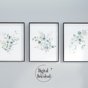 Eucalyptus plants botanical print, set of 3, white background, Watercolor bedroom decor, printable wall art, instant digital download