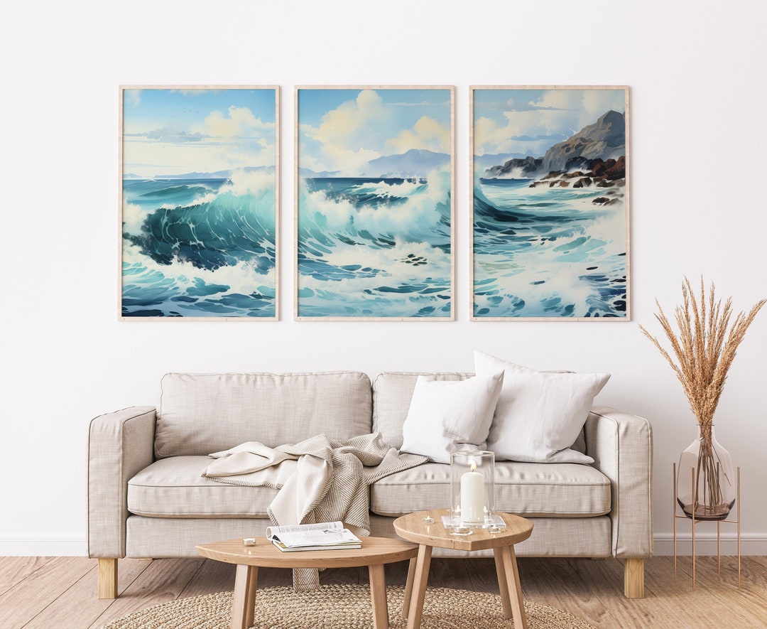 Modern Ocean Wave 3 Piece Wall Art Set, Blue Turquoise Sea Panorama ...
