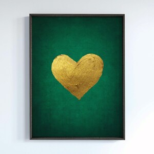 Arte murale verde smeraldo e oro, arte murale minimalista, poster con cuore verde scuro, sfondo verde, stampabile e scaricabile immediatamente