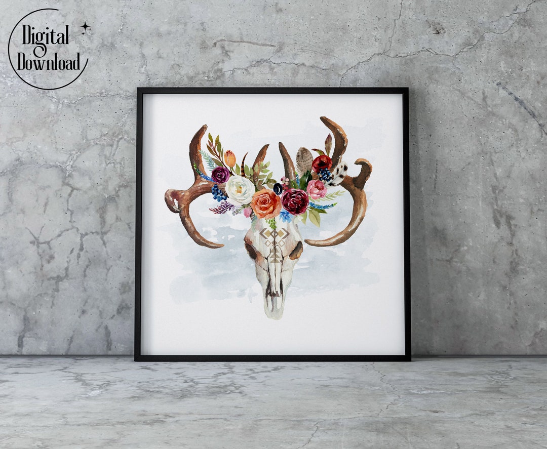 Boho Deer Skull With Flower Bouquet Watercolor Printable Wall Art