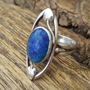 Art Nouveau/Arts and Crafts Blue Glass and Sterling Leaf Ring Size 7.5