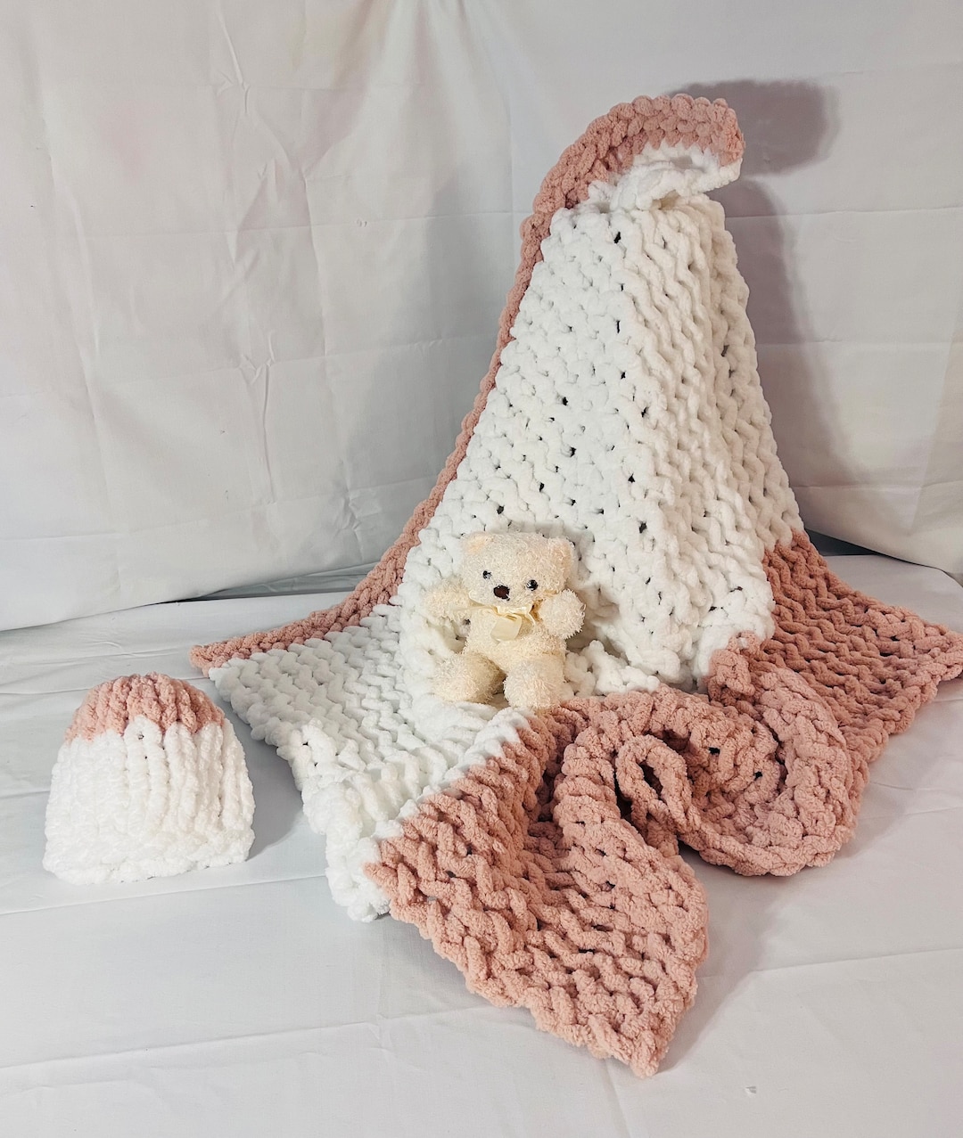 Chunky Baby Blanket Handmade, Chunky Knit Baby Blanket and Hat, Knit