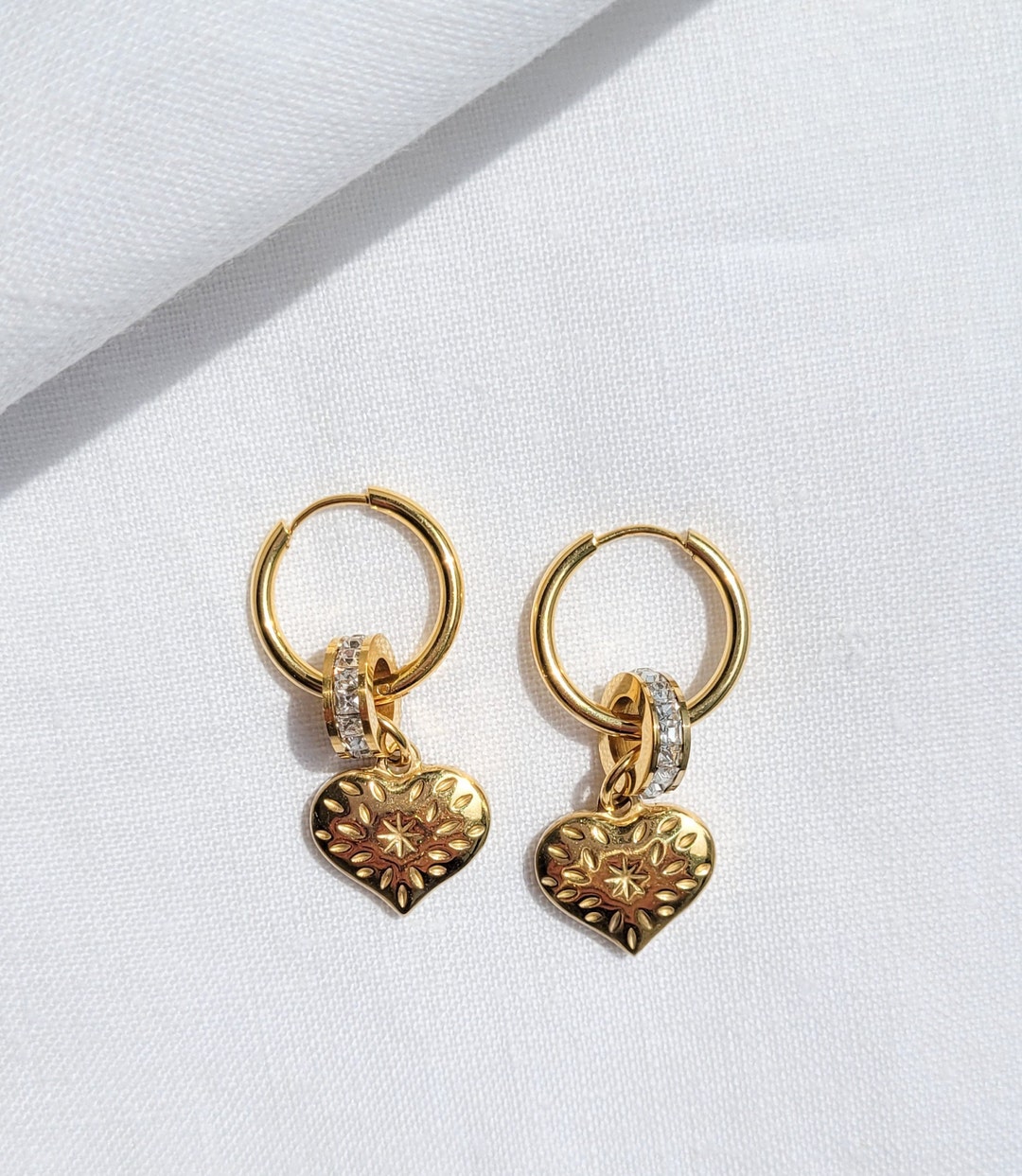 Gold Heart Pendant Hoop Earrings, Heart Charm Stainless Steel Earring ...