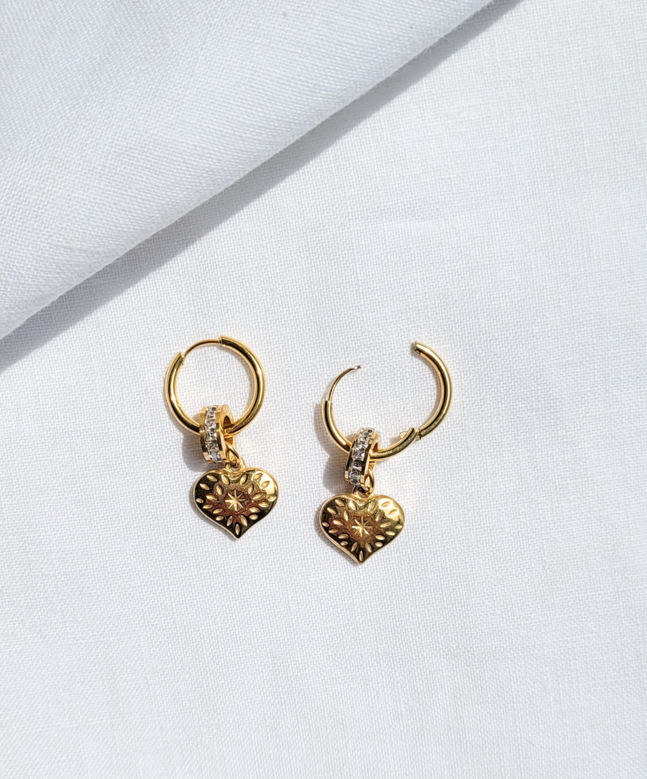 Gold Heart Pendant Hoop Earrings, Heart Charm Stainless Steel Earring ...