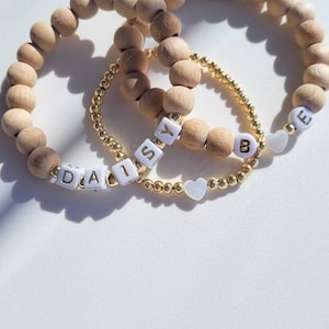 Natural Wood Name Bracelets, Custom Letter Bead Stack, Boho Bracelets, 8mm Wood Beads, Personalised Initial Bracelet, Gift for Her