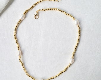 Elegant Gold Pearl Beaded Necklace, Freshwater Pearls with 14k Gold Plated Beads, Dainty Gold Choker, Gift idea, Valentines Day