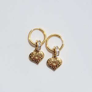 Gold Heart Pendant Hoop Earrings, Heart Charm Stainless Steel Earring ...