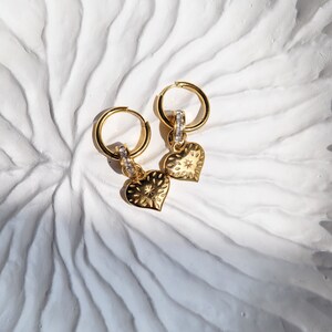 Gold Heart Pendant Hoop Earrings, Heart Charm Stainless Steel Earring ...
