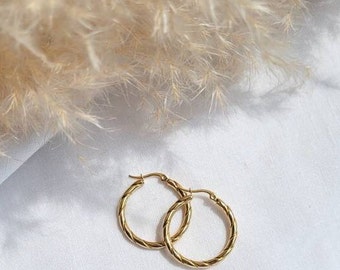 Gold Circle Twisted Hoop, Stainless Steel Gold Hoop Earring, Round Huggie Hoops, Dainty Earrings