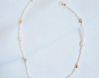 Freshwater Pearl Necklace: Gold Heart & Star Pendant, Beaded Jewelry