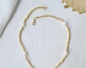 Pearl Beaded Necklace with 14k Gold plated, Dainty Pearl Choker, Freshwater Pearl Necklace, Gift for Her