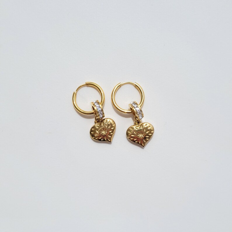 Gold Heart Pendant Hoop Earrings, Heart Charm Stainless Steel Earring ...