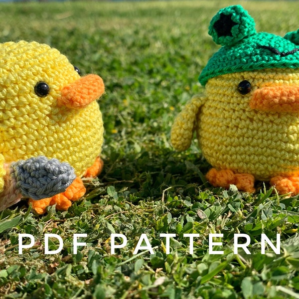 NO SEW duck with knife pdf crochet pattern, duck in frog hat, cute funny easy beginner amigurumi, toy duck meme