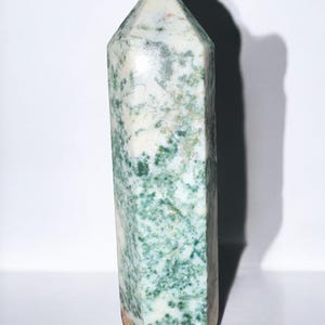 May include: A green and white agate crystal point with a pointed tip. The crystal is polished and has a smooth surface.